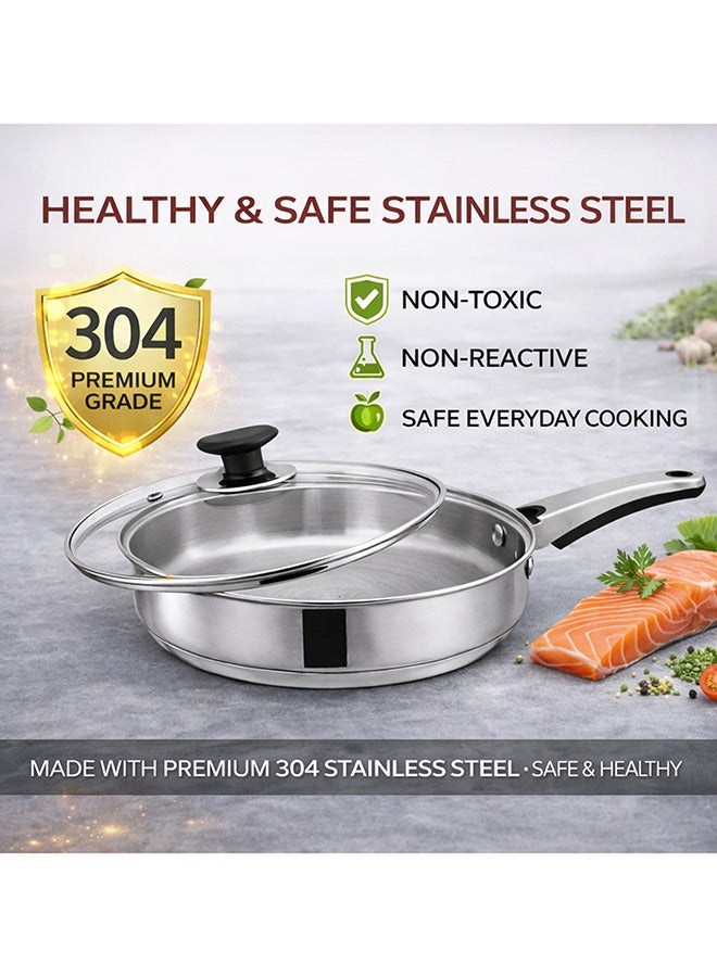 SONEX مقلاة سونكس الفاخرة 22 سم (2 لتر) – ستانلس ستيل، غطاء زجاجي، مقبض مريح بارد، قاعدة ساندويتش، تصميم متين، آمنة في غسالة الصحون، مقلاة للقلي، متوافقة مع جميع أنواع المواقد - Image 3